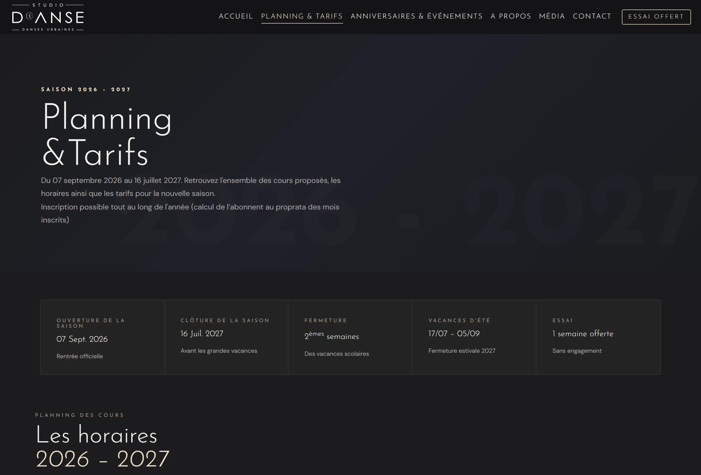 Planning des cours développé pour Studio DEGANSE