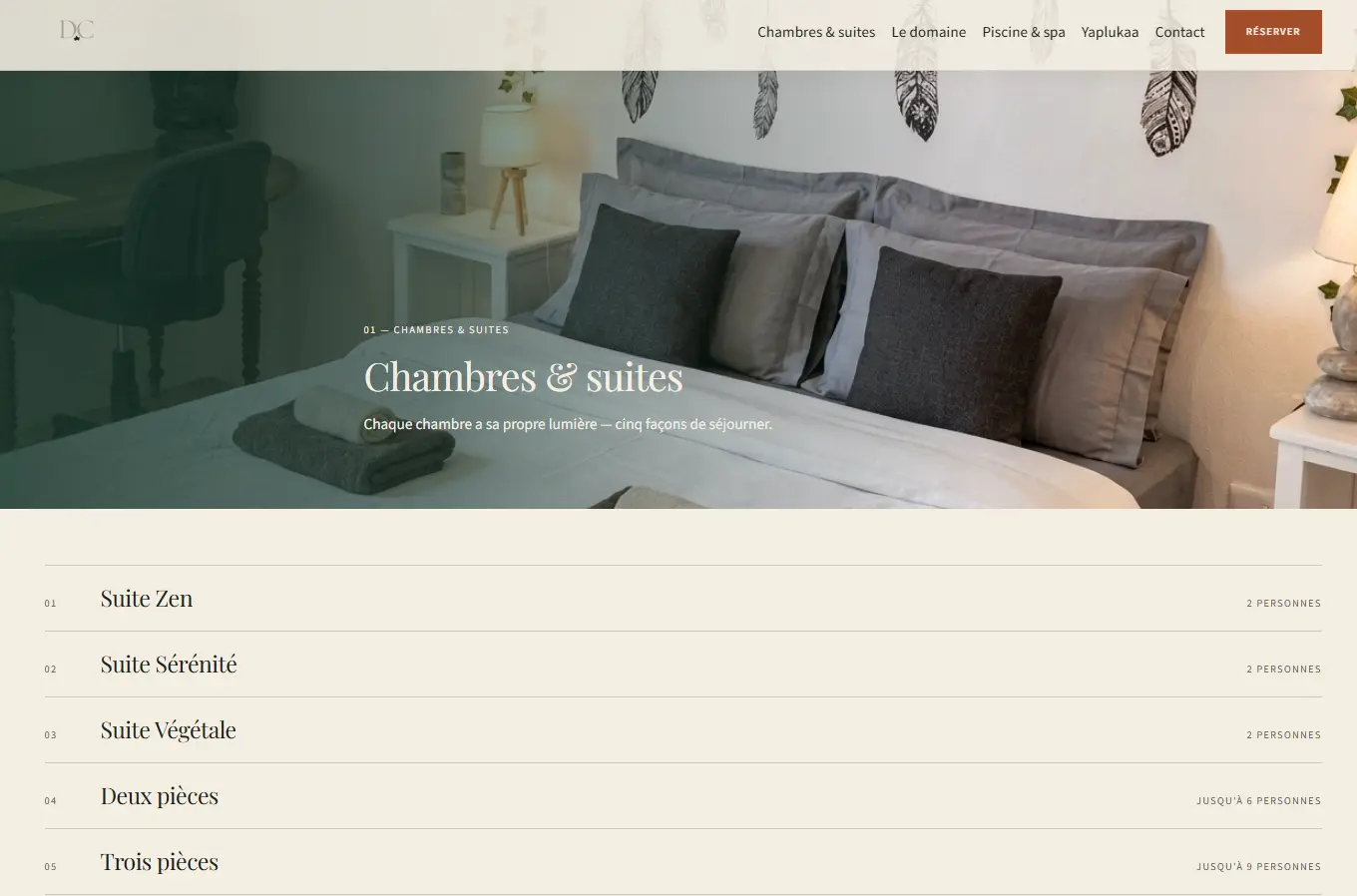 Page chambres et suites du Domaine de Canteloup