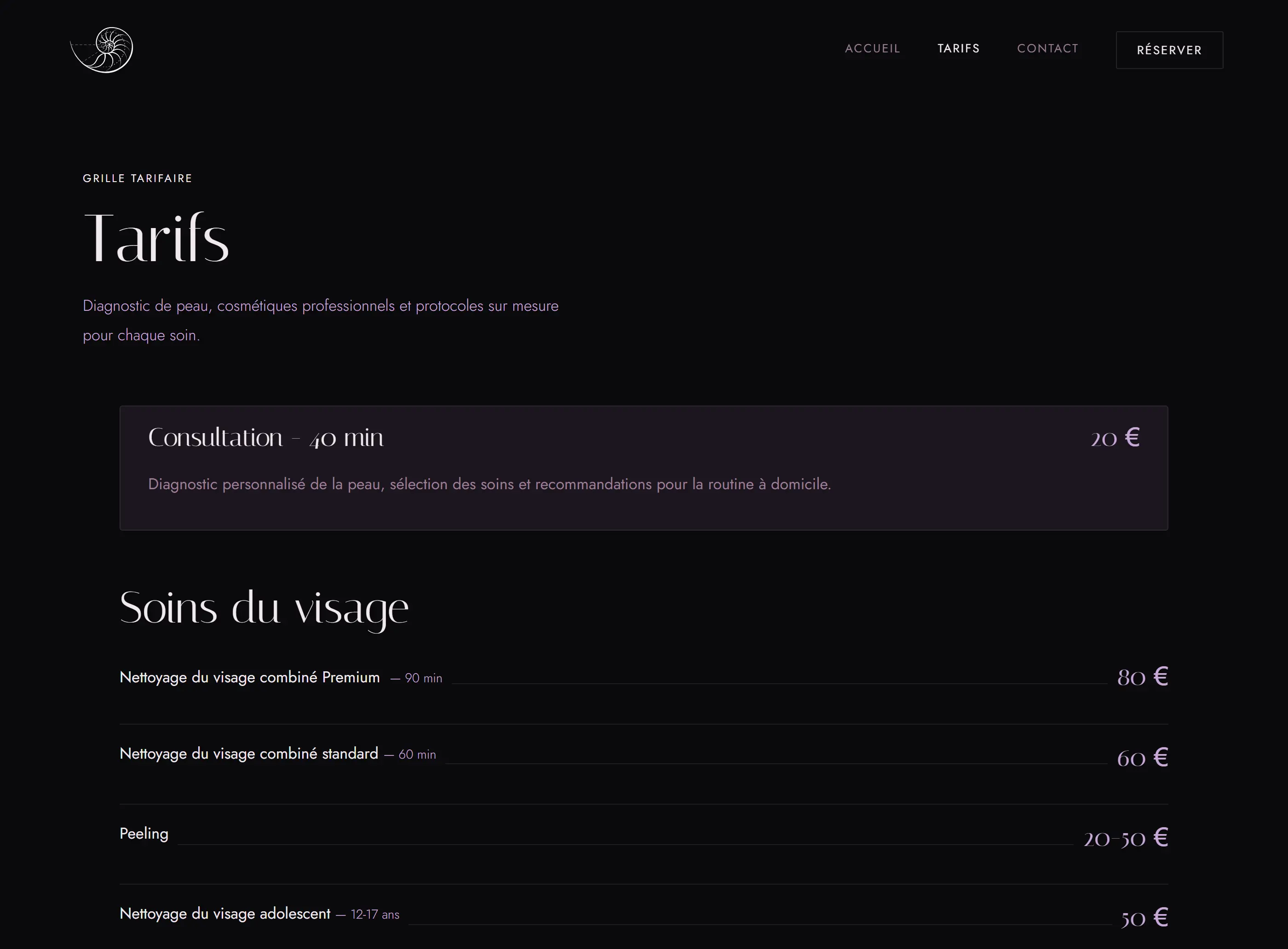 Page tarifs du site Estheticos