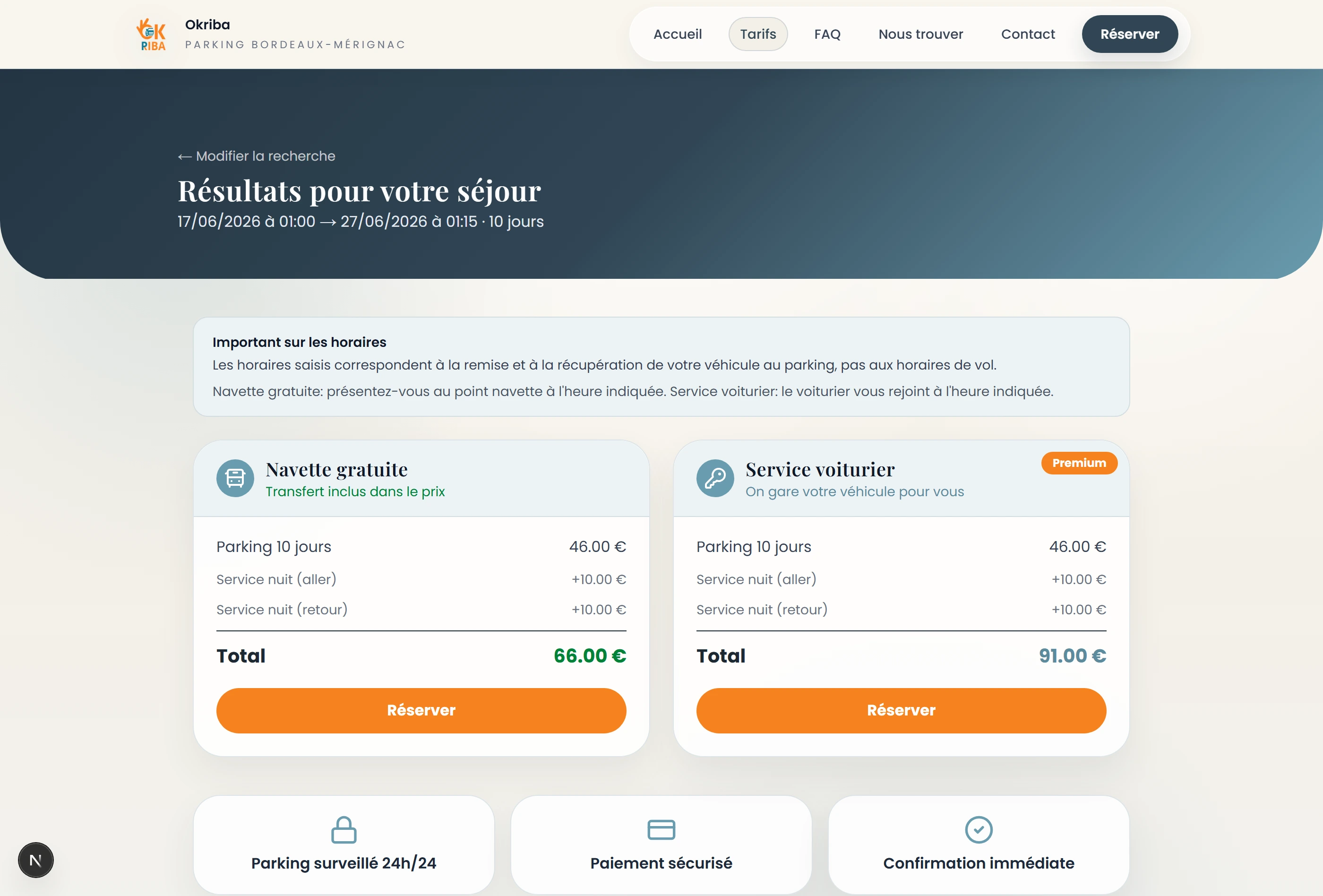Parcours de réservation du site OkRiba Parking
