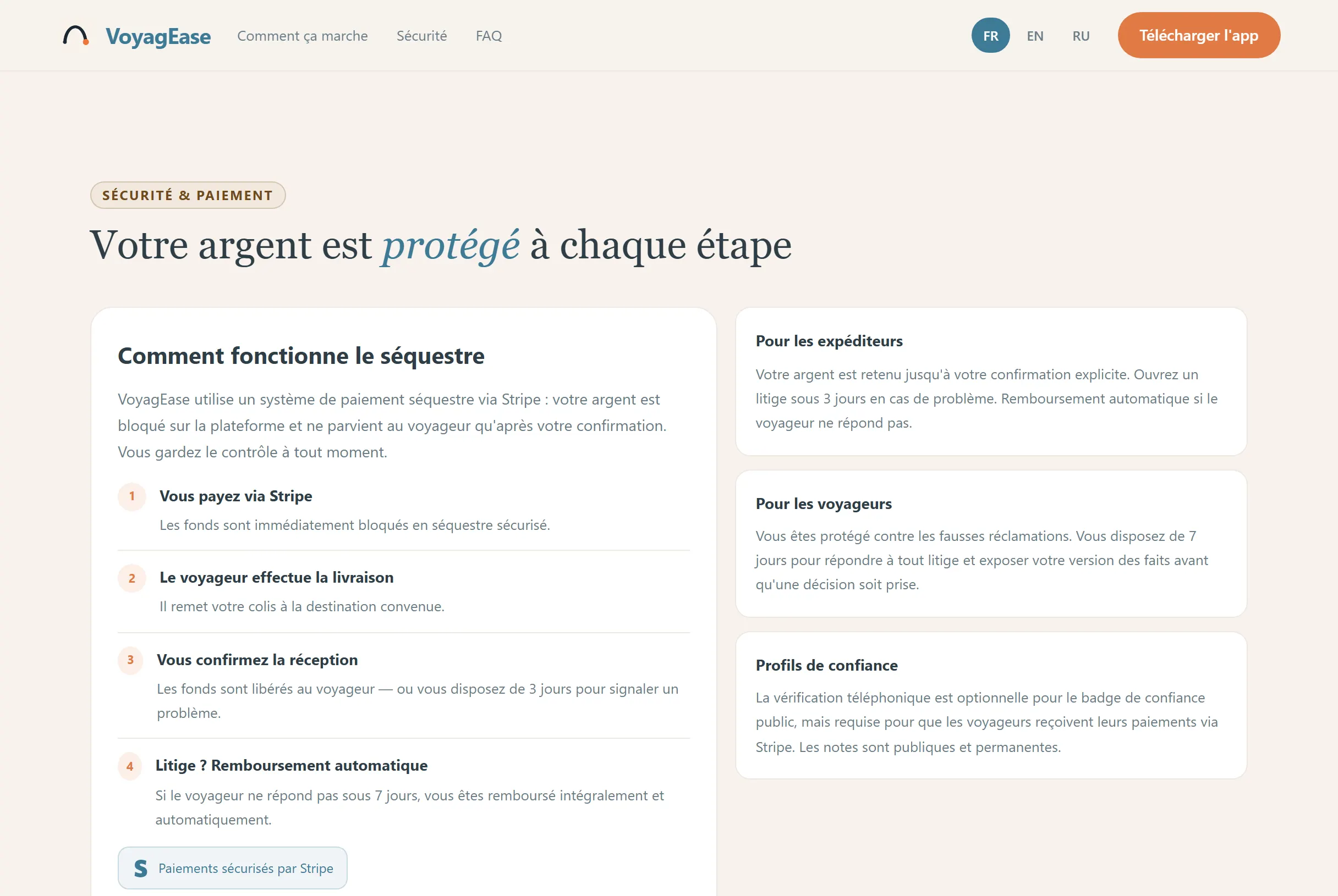 Section sécurité et paiement de la landing VoyagEase