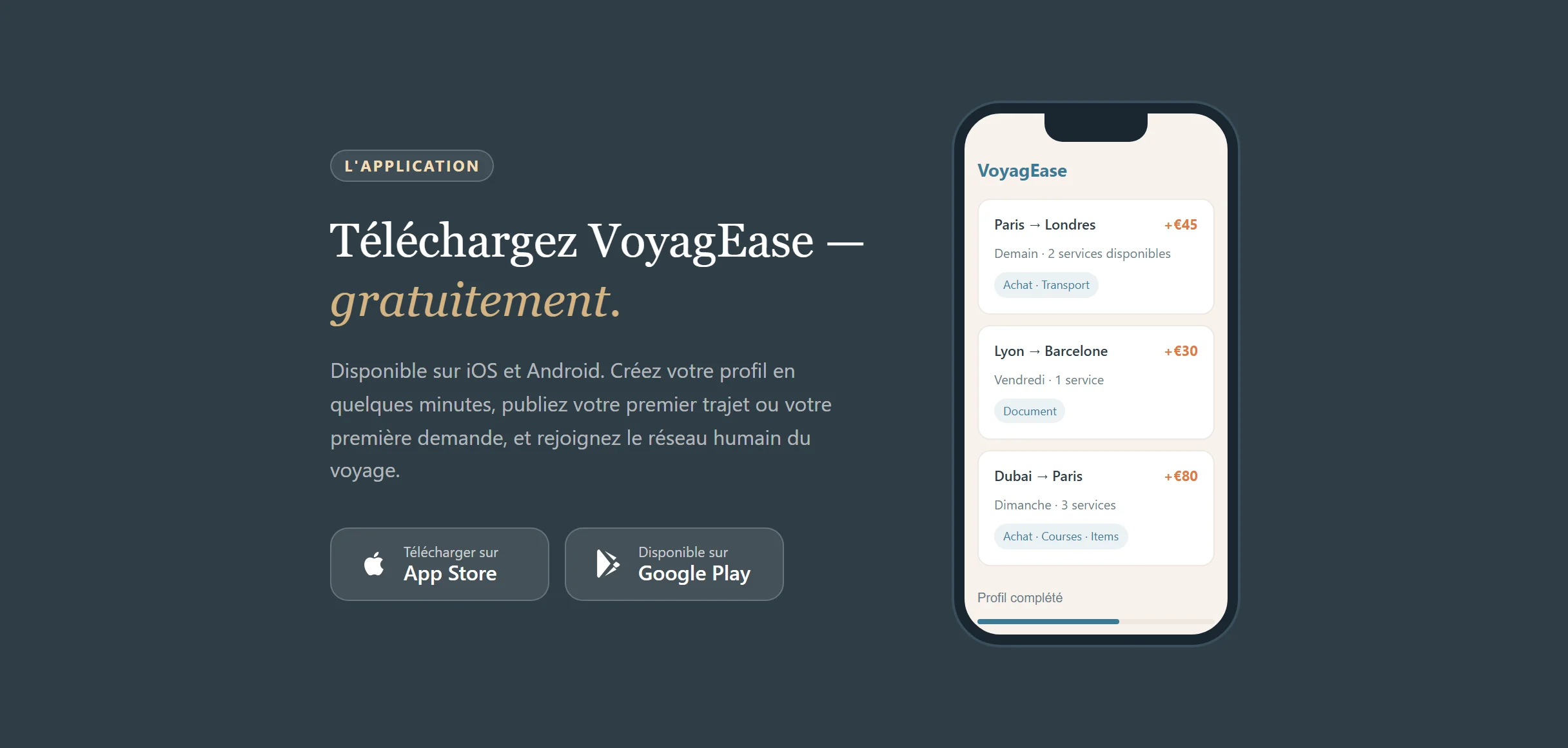 Sections de la landing page VoyagEase
